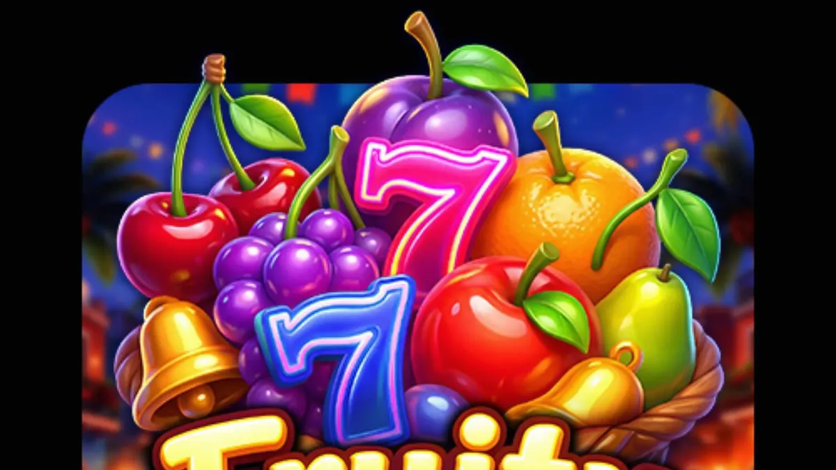 Tampilan visual neon yang cerah dari slot Fruity Fiesta dengan simbol buah-buahan.