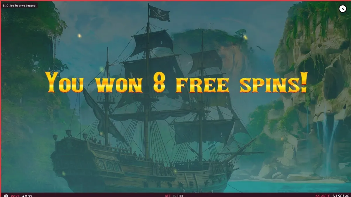 Tampilan visual slot Sea Treasures Legend dengan tema bajak laut dan gulungan mekanis.
